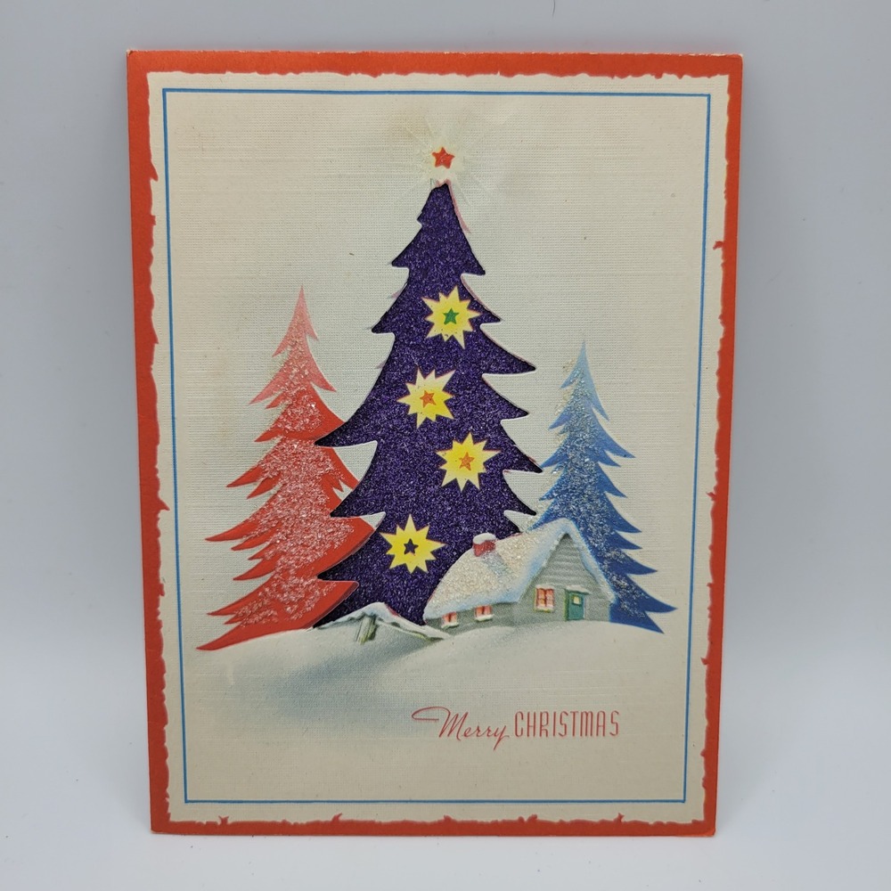 Vintage Merry Christmas Card, Glitter Trees Cottage USA Made Religious Verse